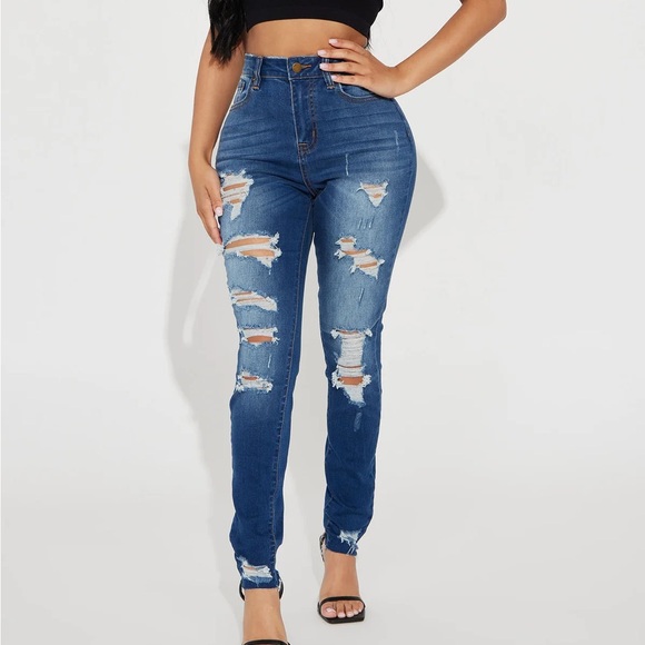 Fashion Nova Denim - Fashion Nova High Rise Distressed Blue Jeans